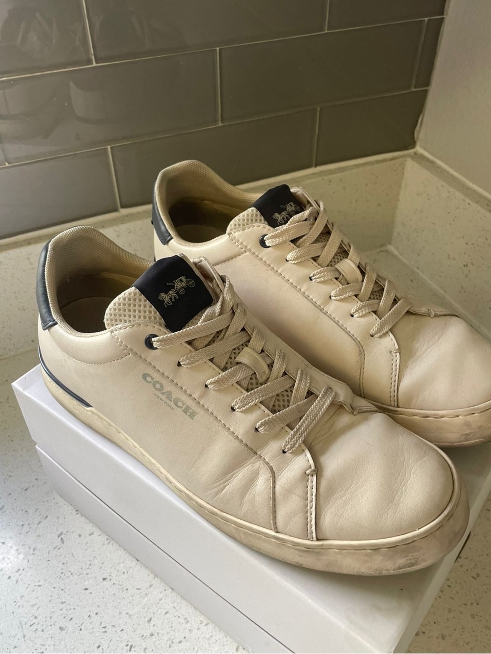 Coach Men’s Cream Leather Sneakers with Navy Heel